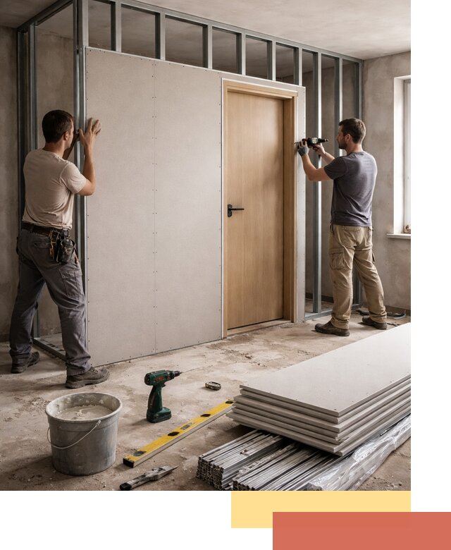 Перегородка из гипсокартона с дверью под ключ в Шахтах