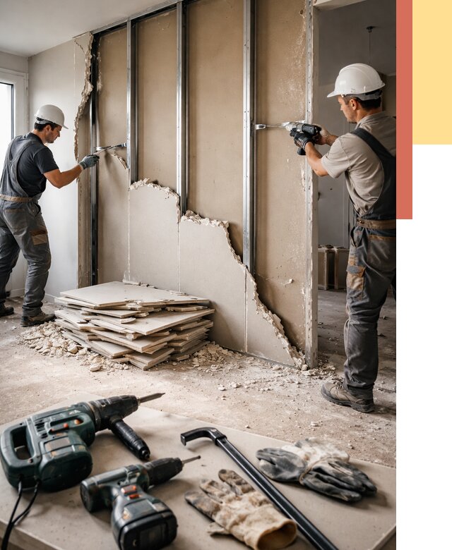 Демонтаж перегородки из гипсокартона в Шахтах от 1302 руб. быстро и недорого | ОТДЕЛОЧНИК-Шхт