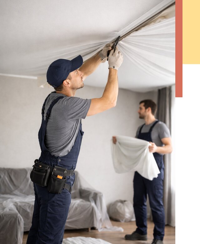 Демонтаж натяжного потолка в Шахтах от 4884 руб. — снятие и разбор под ключ | ОТДЕЛОЧНИК-Шхт