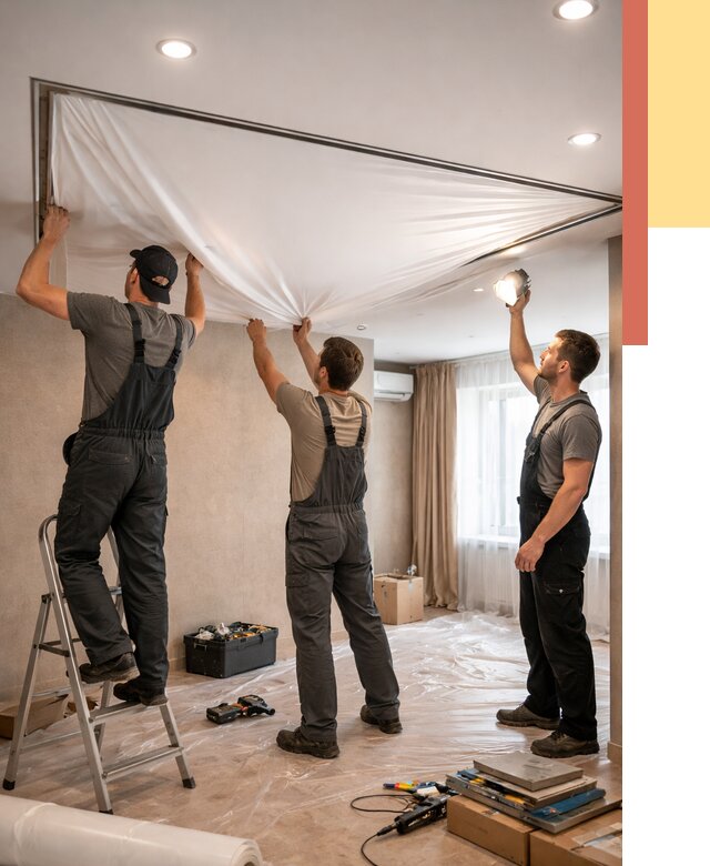 Монтаж ПВХ натяжного потолка в Шахтах от 3799 руб. под ключ | ОТДЕЛОЧНИК-Шхт