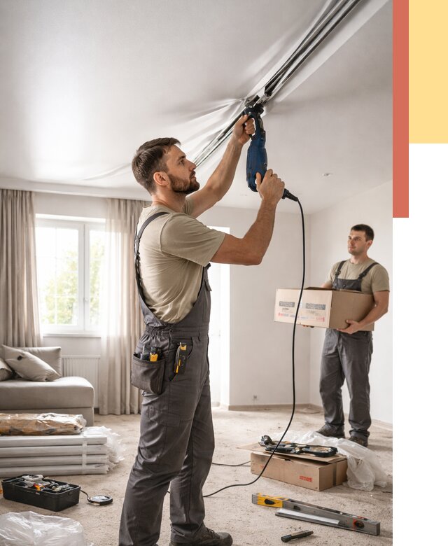 Монтаж сатинового натяжного потолка в Шахтах от 3799 руб. | Быстро, недорого — ОТДЕЛОЧНИК-Шхт