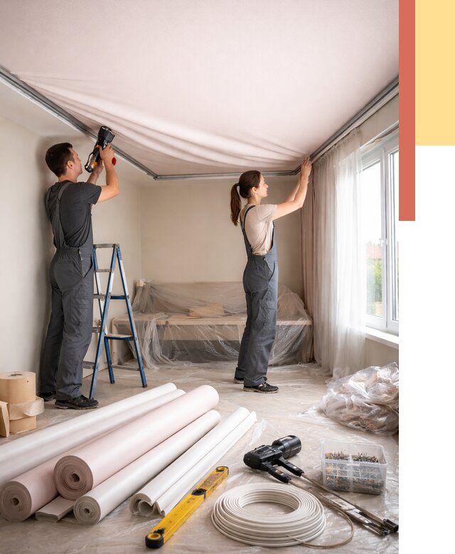 Монтаж цветного натяжного потолка в Шахтах от 4558 руб/м² — быстро и недорого | ОТДЕЛОЧНИК-Шхт