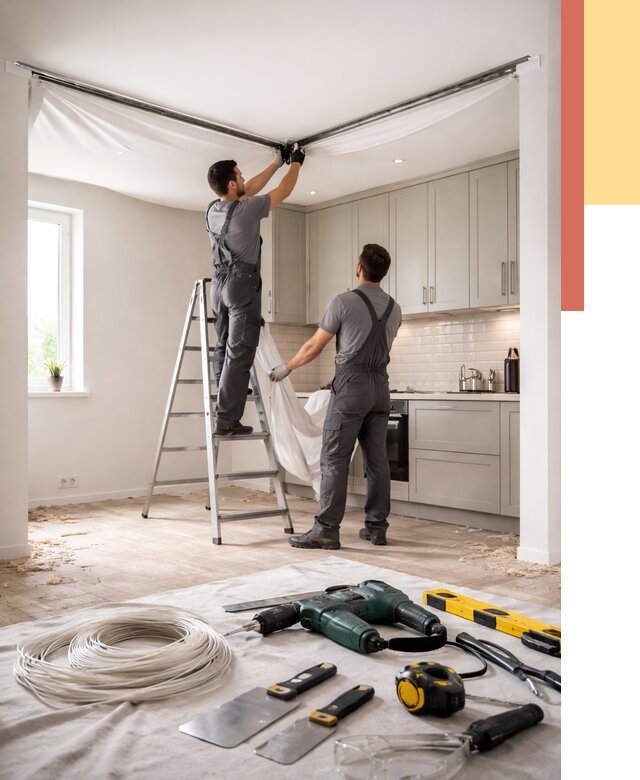 Установка натяжного потолка на кухне в Шахтах от 2605 руб. | ОТДЕЛОЧНИК-Шхт