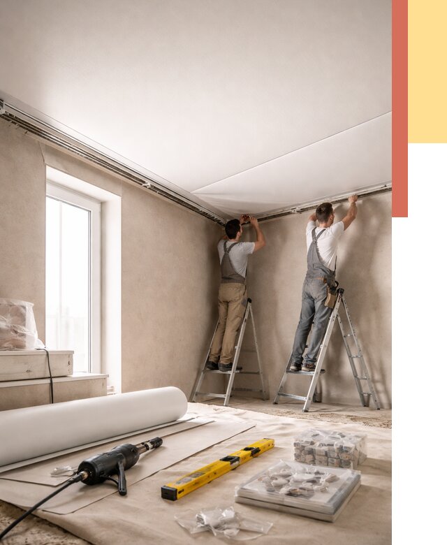 Монтаж натяжного потолка в спальне в Шахтах от 4124 руб. под ключ | ОТДЕЛОЧНИК-Шхт