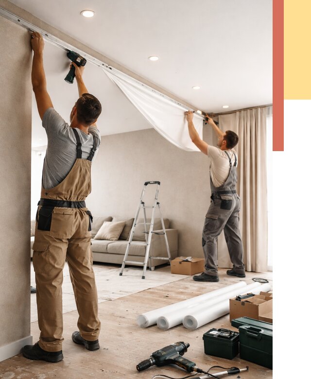 Монтаж натяжного потолка в гостиной в Шахтах от 597 руб. | ОТДЕЛОЧНИК-Шхт