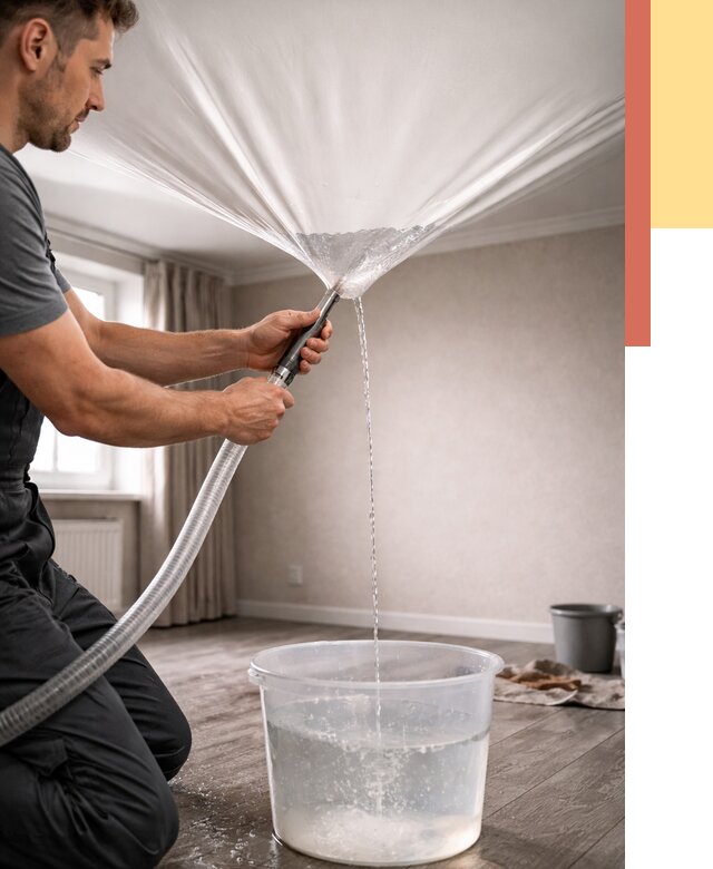 Слив воды с натяжного потолка в Шахтах от 2713 руб. быстро и недорого | ОТДЕЛОЧНИК-Шхт