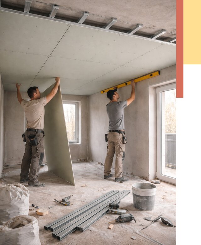 Одноуровневый потолок из гипсокартона в Шахтах от 814 руб. — монтаж под ключ | ОТДЕЛОЧНИК-Шхт